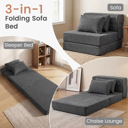 Folding Sofa Bed, 3-in-1 Convertible Sleeper Chair Futon Couch Bed with 2 Pillows