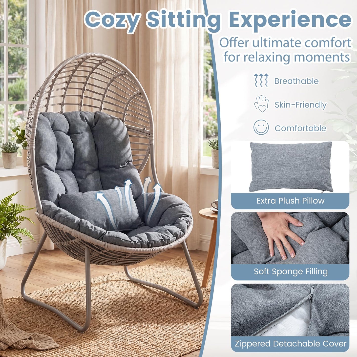 PE Wicker Egg Chair with Removable Seat and Back Cushion for Indoor Outdoor