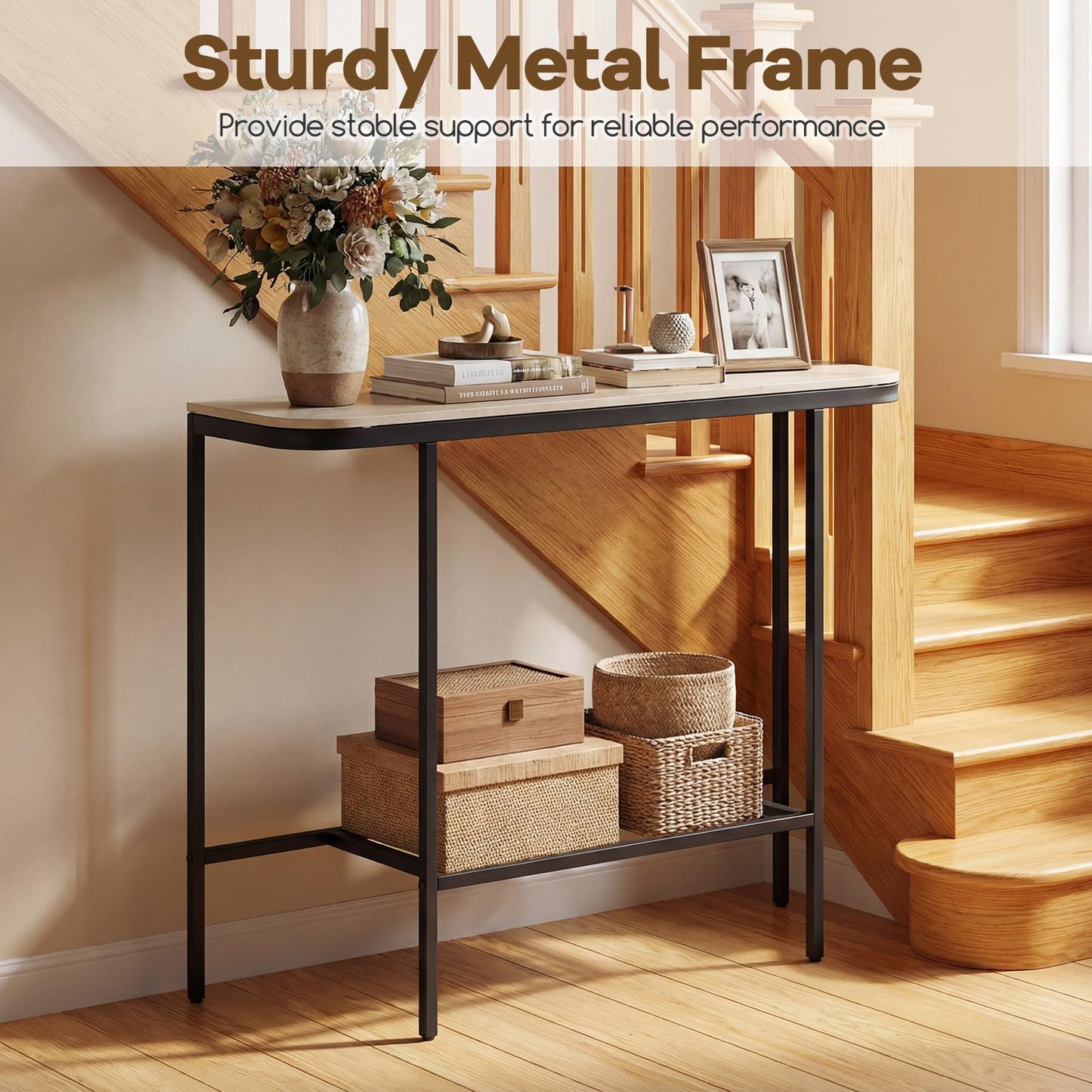 Entryway Table with Faux Marble Top and Metal Frame for Hallway