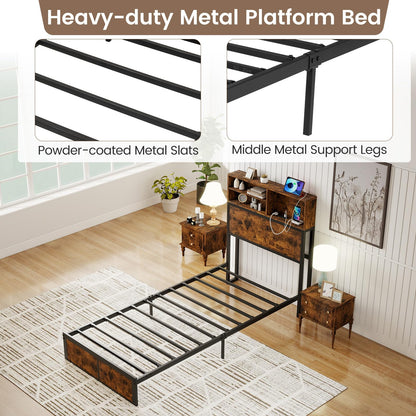 Bed Frame with Charging Station and Storage Headboard