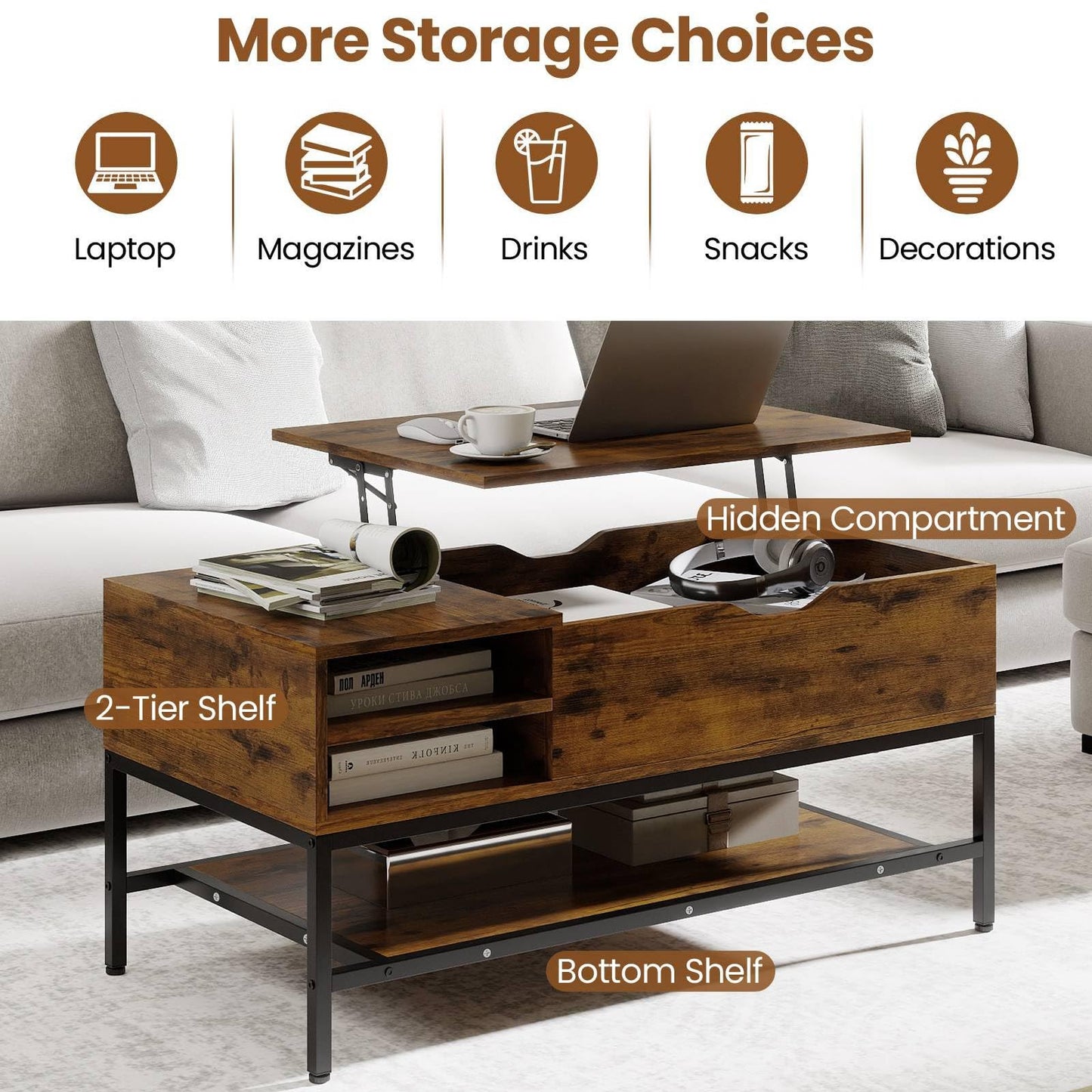 Lift Top Coffee Table with Hidden Compartment and Removable Shelf