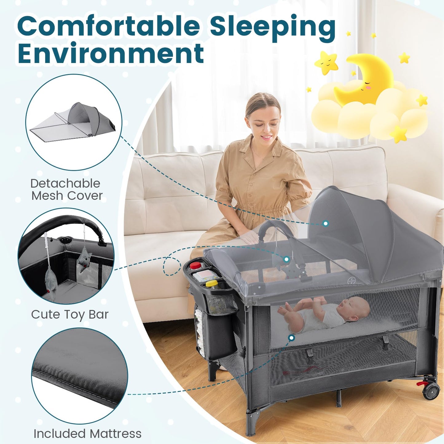 Foldable Pack and Play with 5 Adjustable Heights and Changing Table