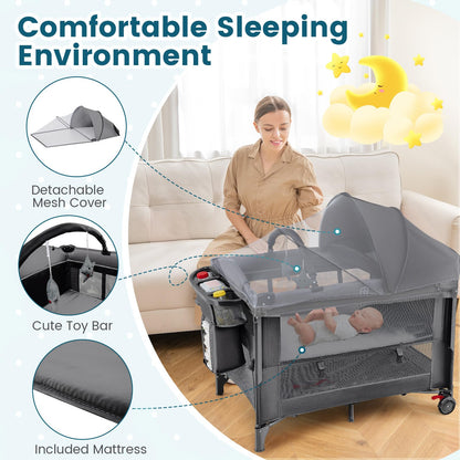 Foldable Pack and Play with 5 Adjustable Heights and Changing Table