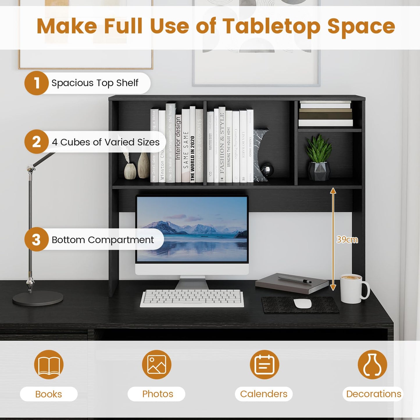 Desktop Bookshelf, Wooden Countertop Storage Hutch Bookcase