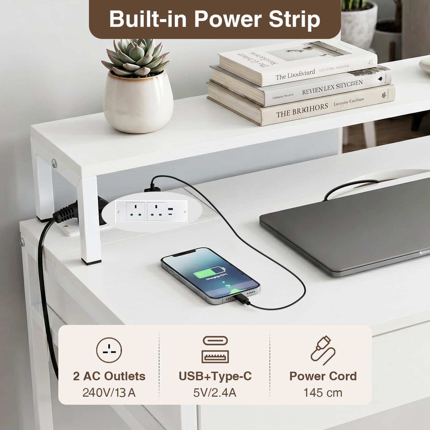 Computer Desk with Power Outlets, 100 x 50 x 90cm Office Desk | Removable Monitor Stand, Dual-use Drawer