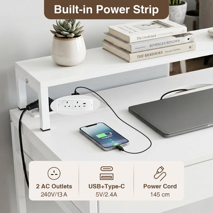 Computer Desk with Power Outlets, 100 x 50 x 90cm Office Desk | Removable Monitor Stand, Dual-use Drawer