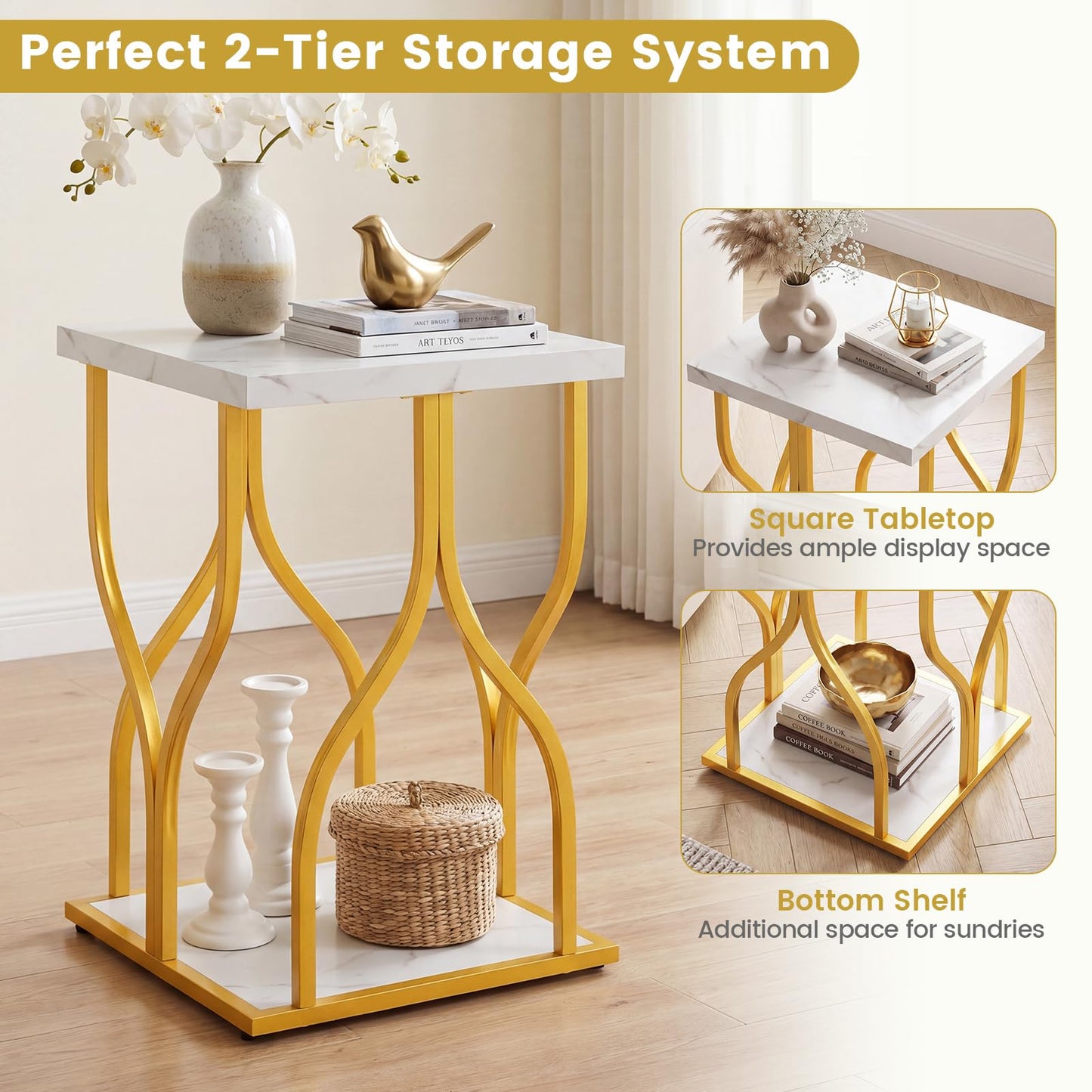 2-Tier Sofa Side Table, Faux Marble End Table with Storage Shelf
