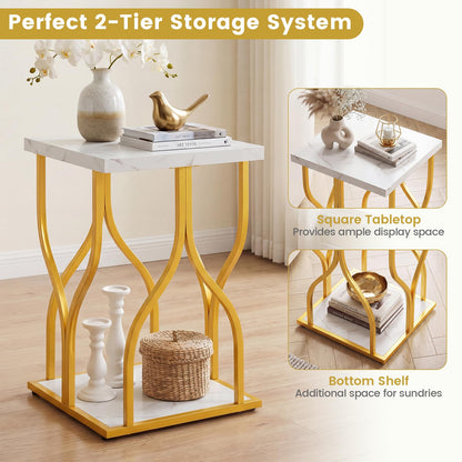 2-Tier Sofa Side Table, Faux Marble End Table with Storage Shelf