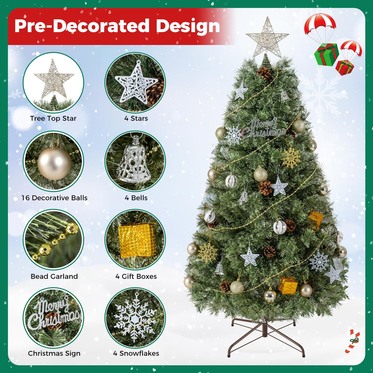 5FT Pre-Lit Artificial Christmas Tree, Hinged Holiday Xmas Tree