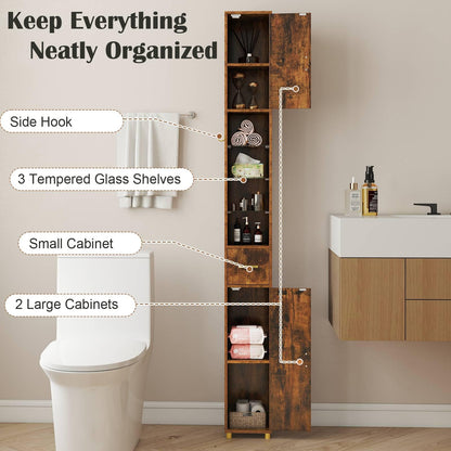 180 cm Tall Bathroom Cabinet Narrow Storage Organizer with 3 Doors and Adjustable Shelves