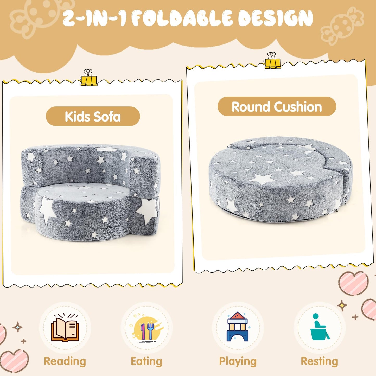 2 in 1 Glow in the Dark Sofa for Toddlers with Machine Washable Flannel Cover