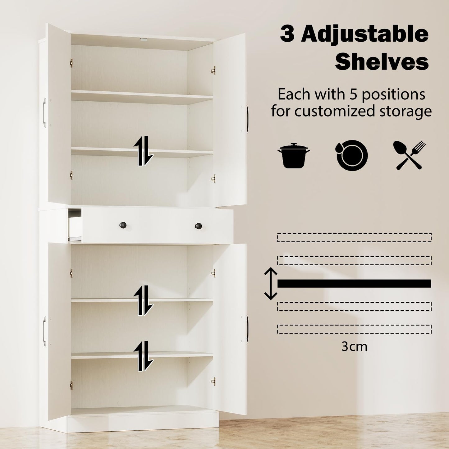 183cm Tall Kitchen Pantry with 4 Barn Doors and 3 Adjustable Shelves