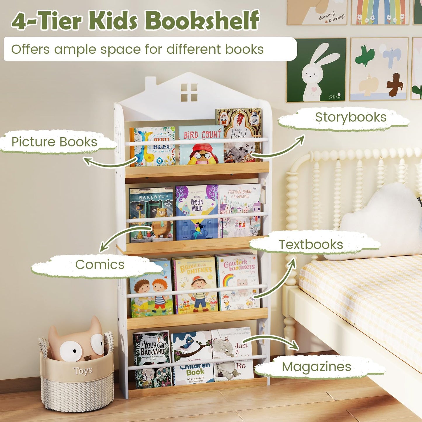 Kids Bookshelf, 4-Tier Book Display Rack with Anti-Falling Baffles