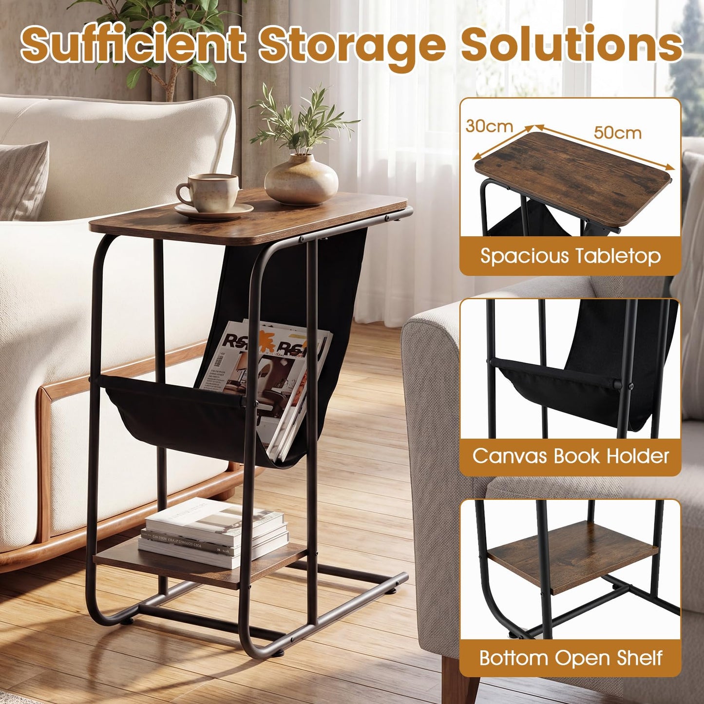 C-Shaped Side Table, Industrial Sofa End Table with Magazine Holder