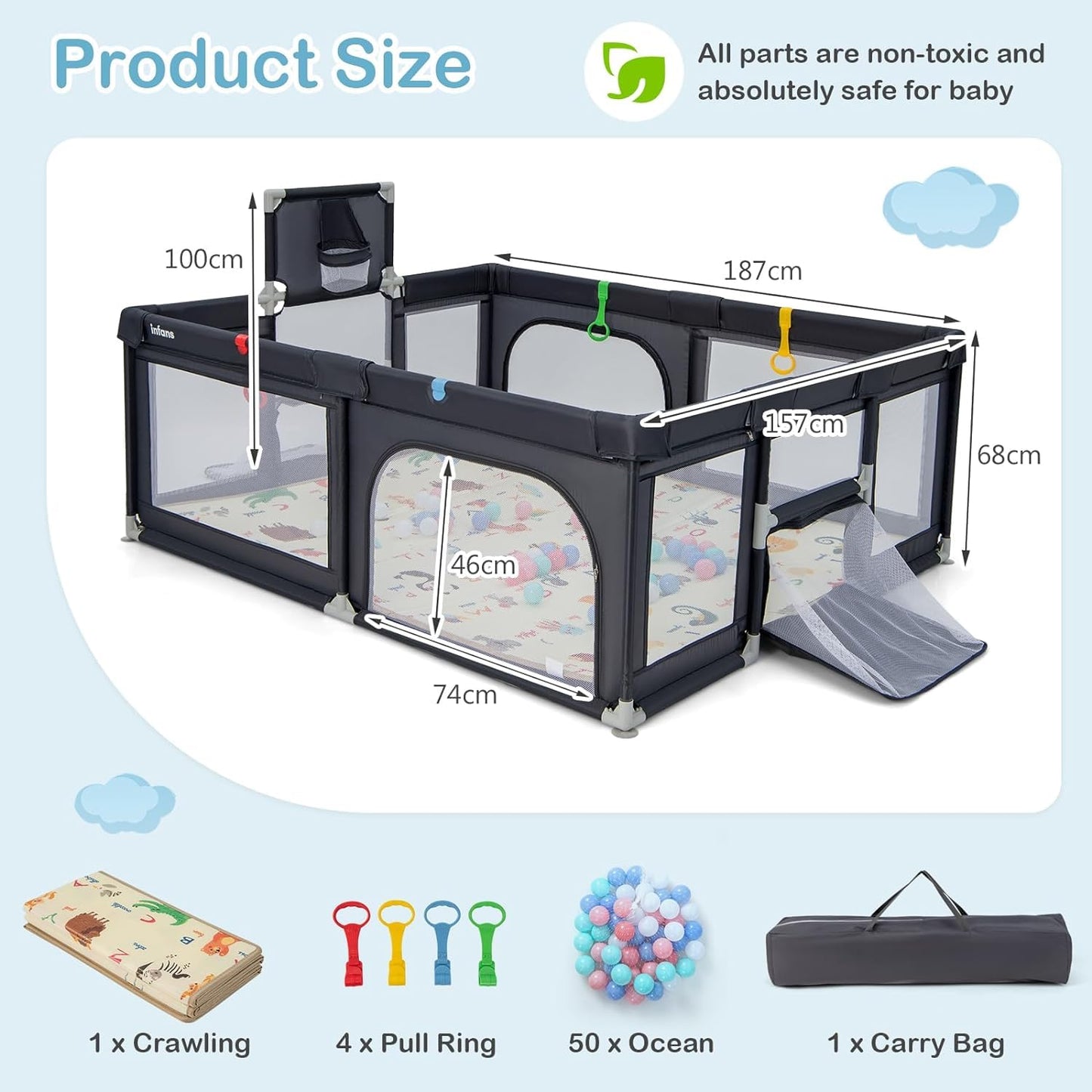 Toddler Mesh Play Pen with Mat, Pull Rings