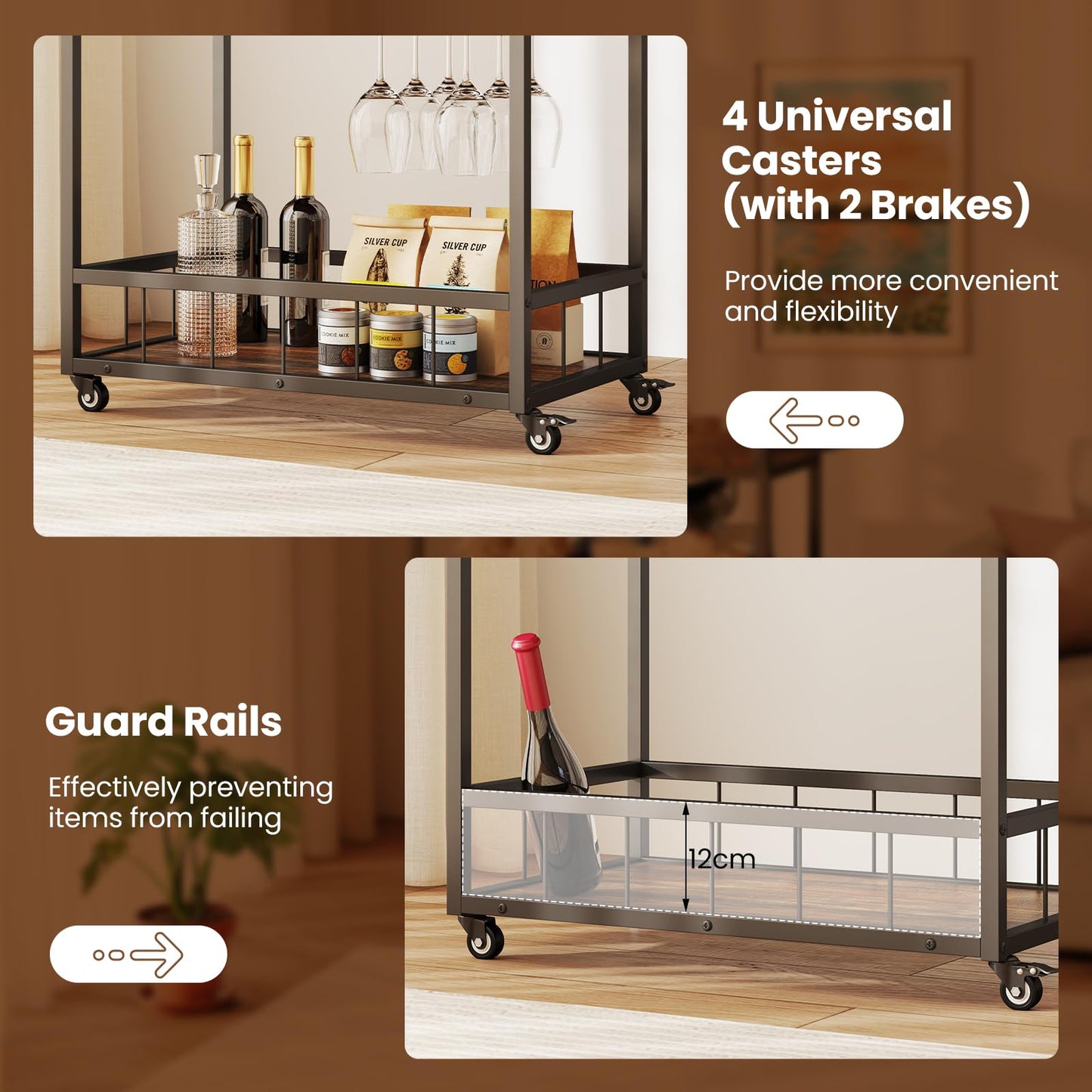 Home Bar Cart on Wheels Kitchen Serving Cart with Removable Tray
