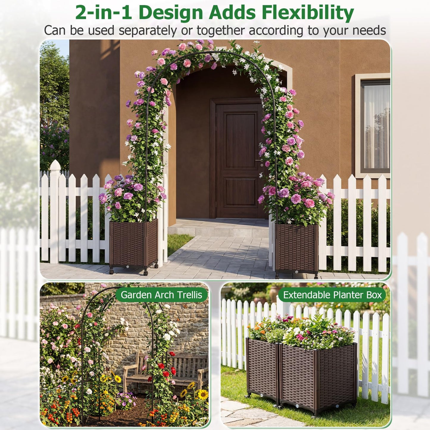 Garden Arch with Planter Box, 2M Metal Pergola Arbor Trellis with Self-Watering System