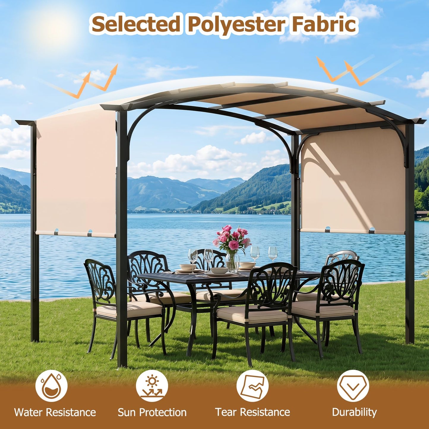 Retractable Pergola, Large Garden Pergola with Sun Shade Canopy, Outdoor Arched Patio Shelter
