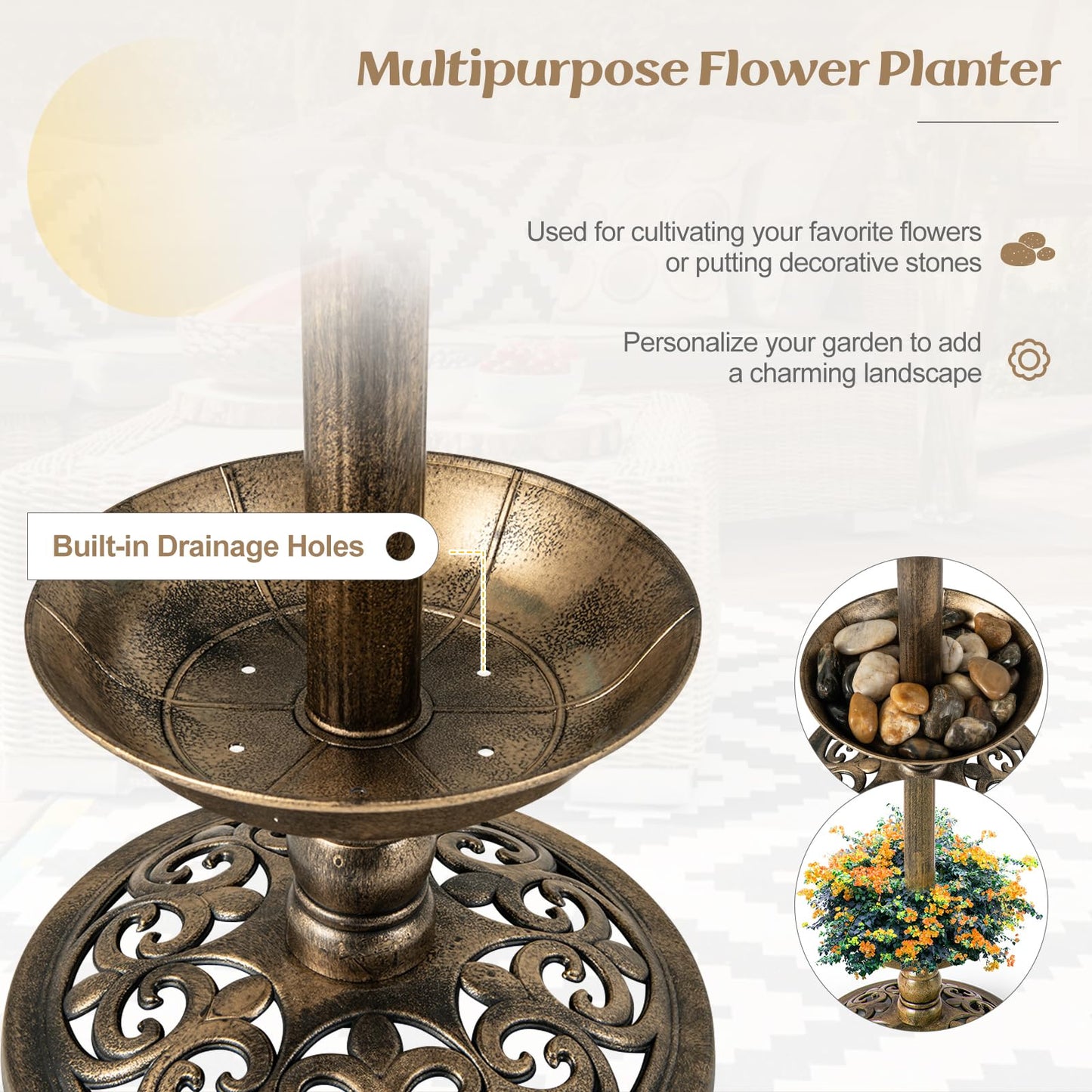 4 in 1 Bird Feeder and Bath with Solar Lights & Flower Planter Base