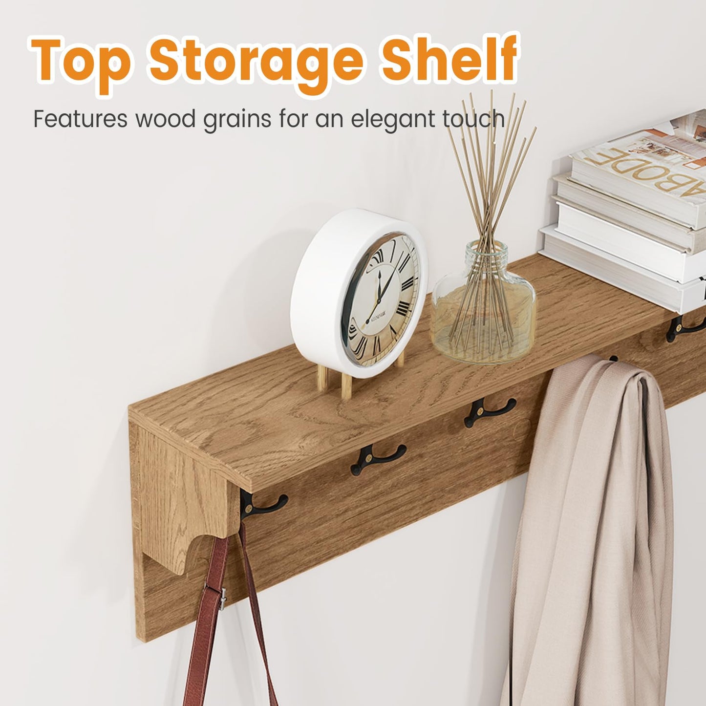 Wall-Mounted Coat Rack with Shelf, 80cm Wooden Wall Shelf Clothes Hanger