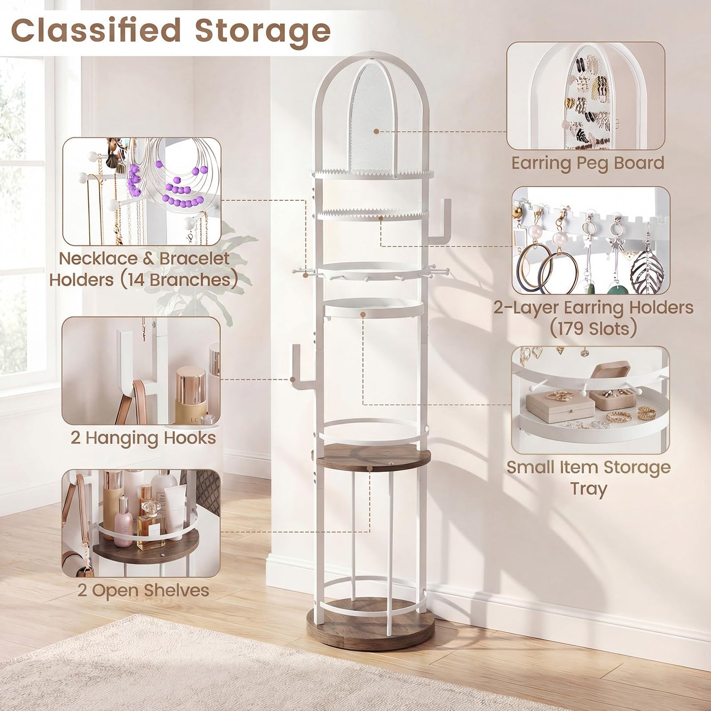 Jewelry Organizer Stand, 360° Rotating Floor Standing Jewelry Storage Rack with Earring Necklace Holders