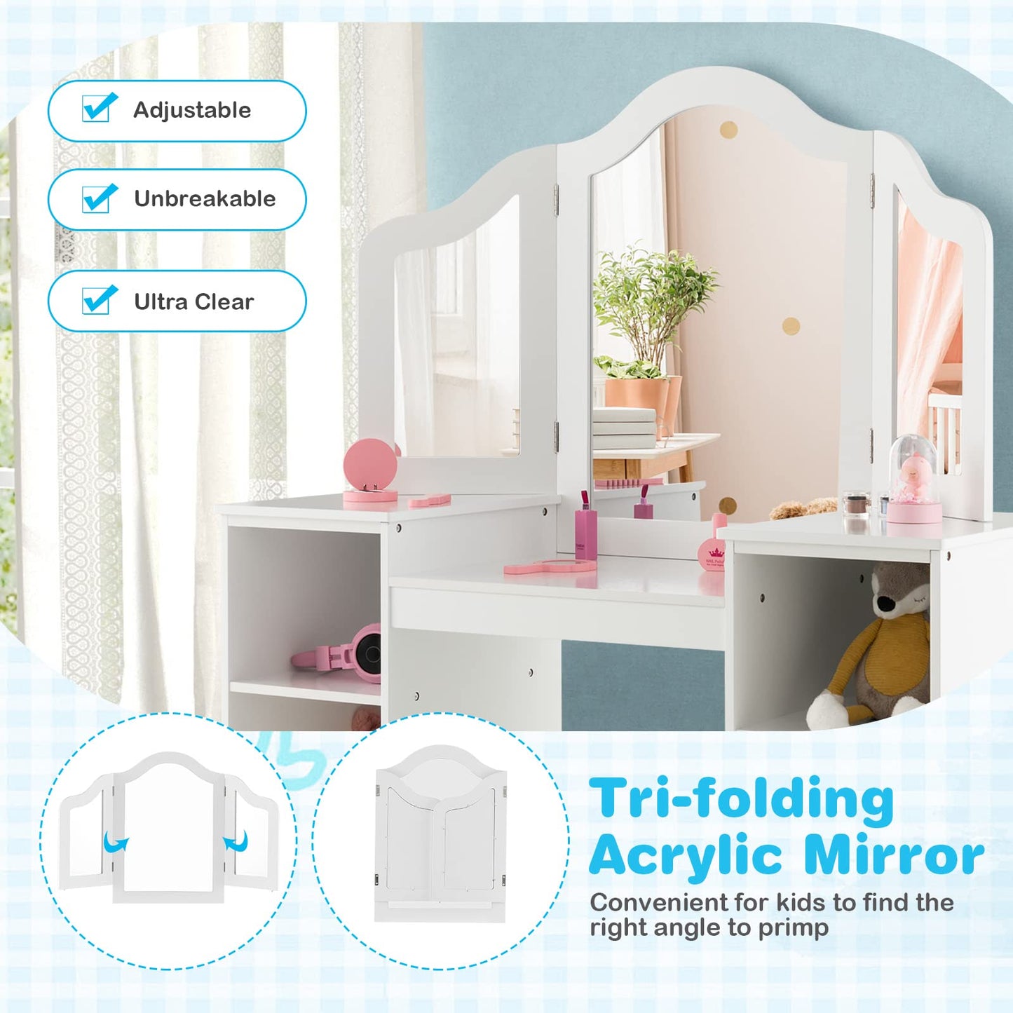 Children Dressing Table with Stool for Playroom Bedroom