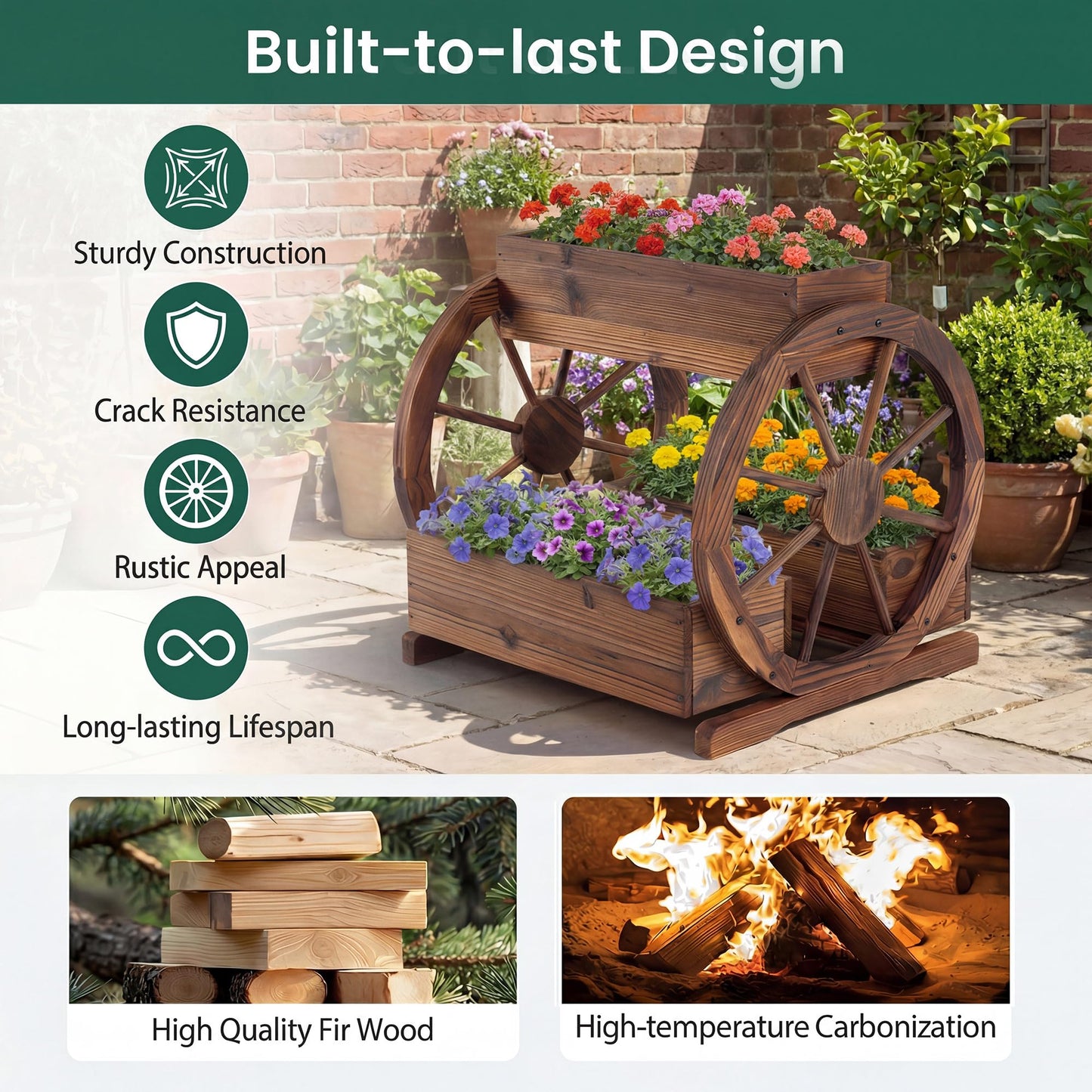 Wood Wagon Planter Box, 2-Tier Rustic Raised Garden Bed with Drainage Holes