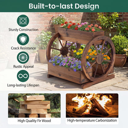 Wood Wagon Planter Box, 2-Tier Rustic Raised Garden Bed with Drainage Holes