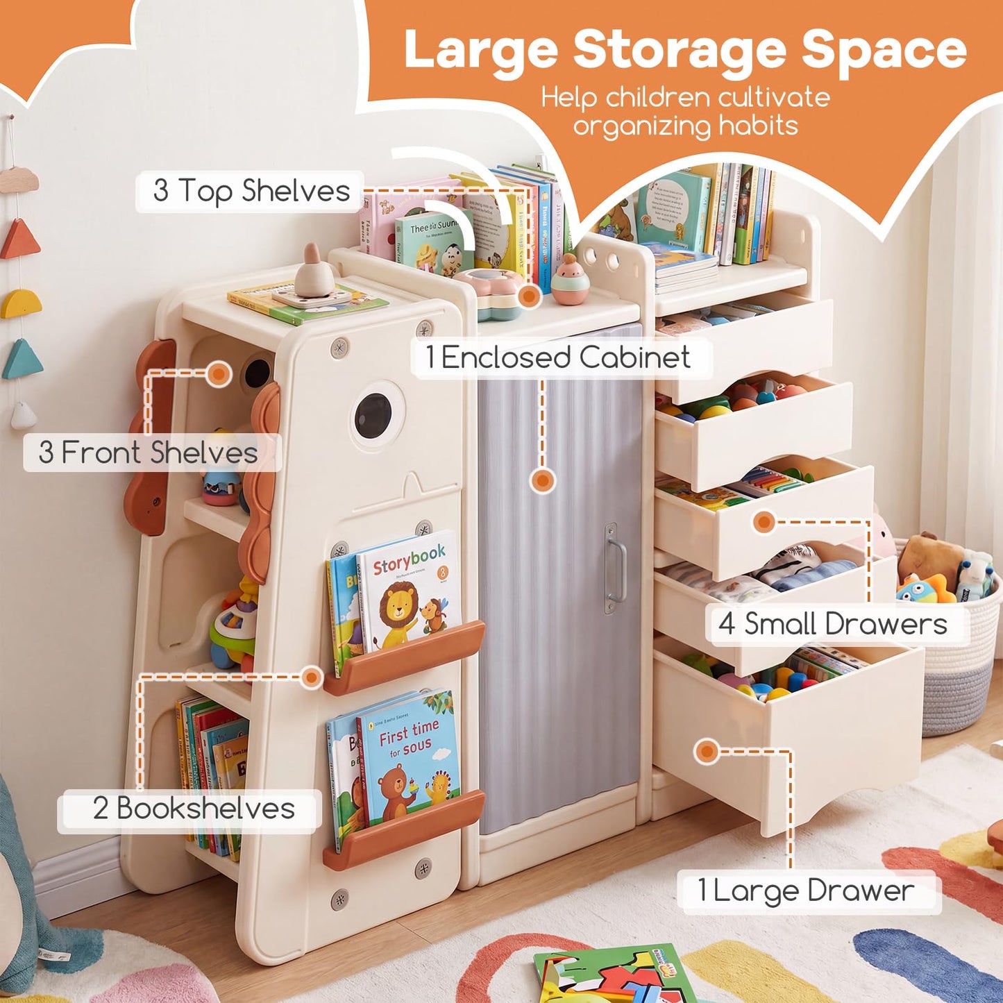 3-Tier Dinosaur Toy Chest with 5 Removable Bins and 2 Shelvesfor Playroom