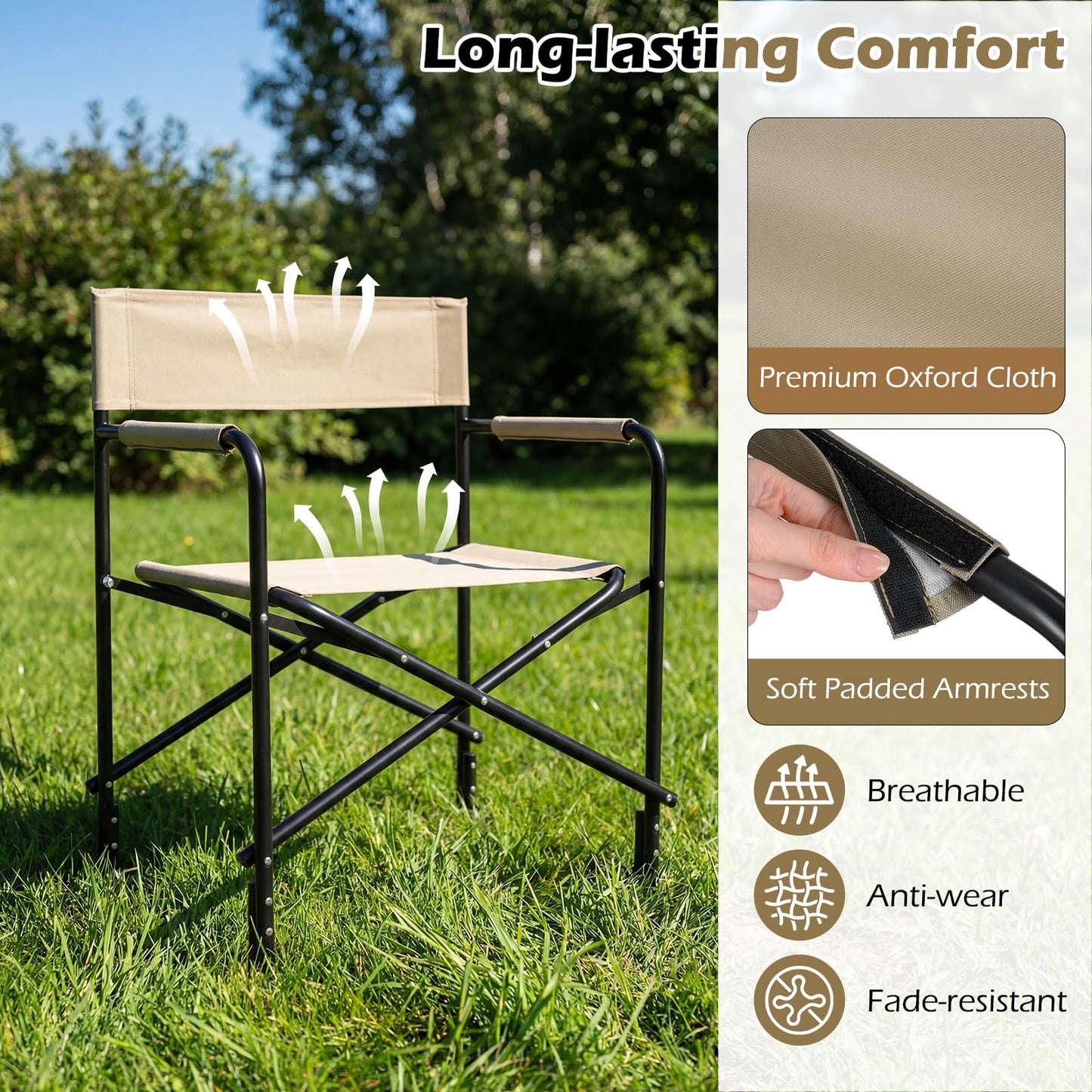 Folding Directors Chair, Oversized Camping Chairs with Side Table and Cup Holder