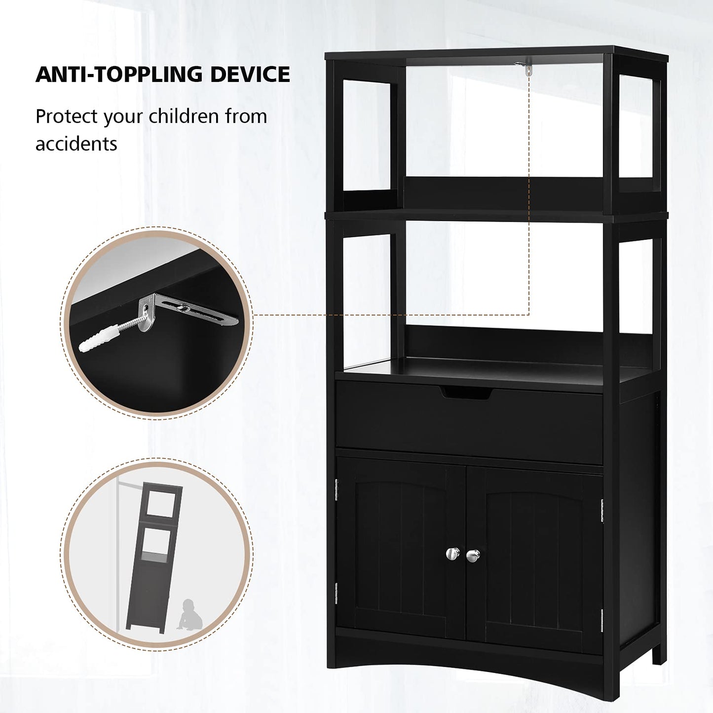 Wooden Freestanding Tall Cupboard with Open Shelves