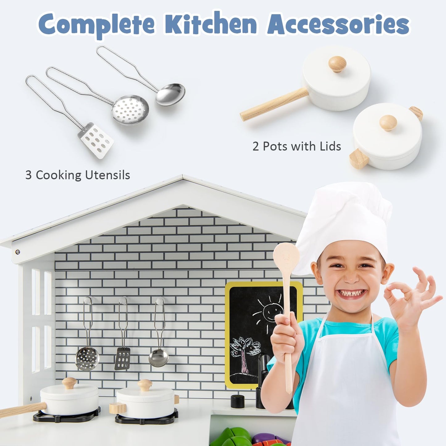 Kids Play Kitchen Pretend Playset with Stoves and Chalkboard