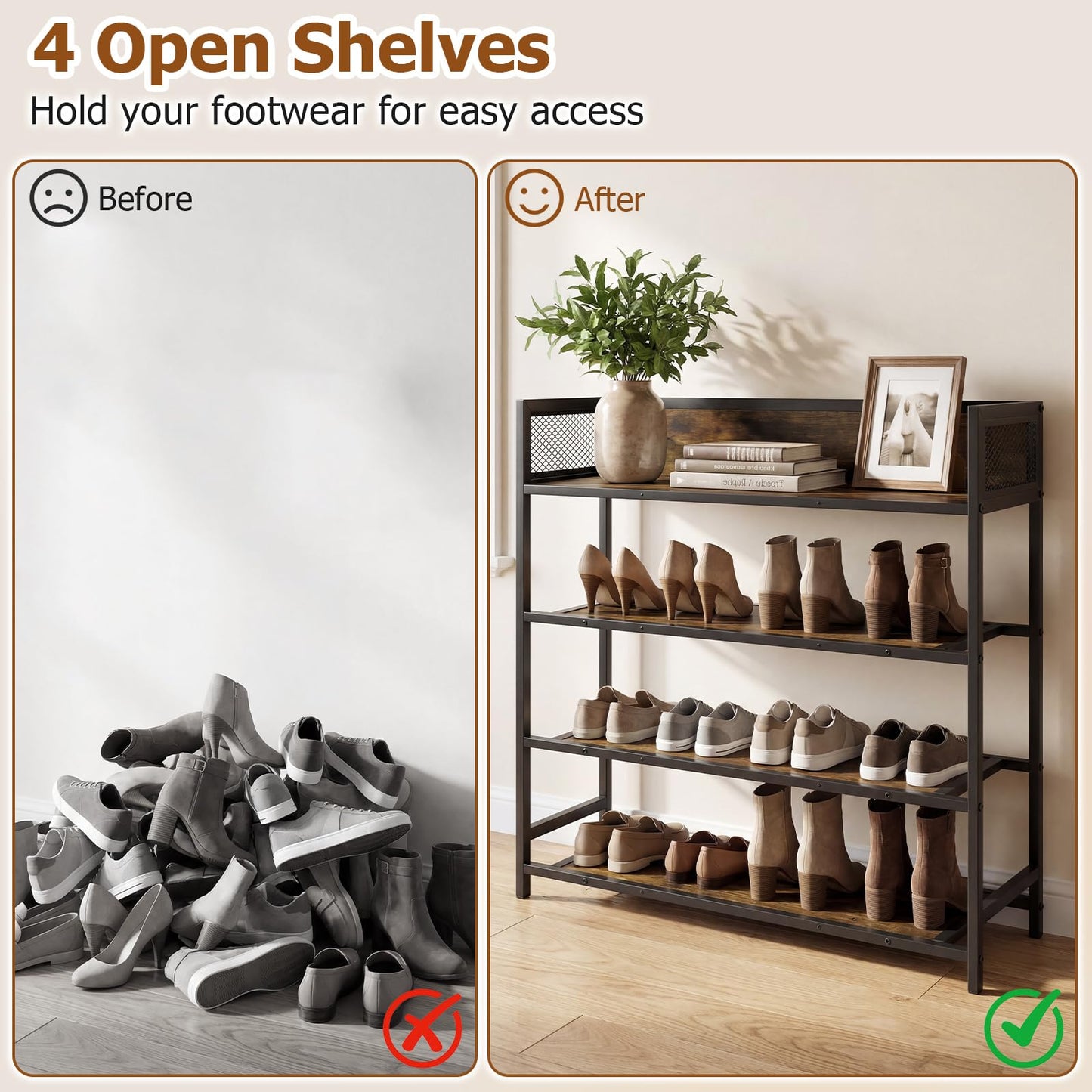 4-Tier Shoe Rack, Freestanding Narrow Shoes Shelf Stand with Anti-Fall Barrier
