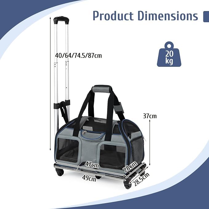 Foldable Rolling Pet Carrier with Wheels and Padded Carry Handle