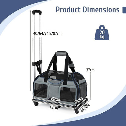 Foldable Rolling Pet Carrier with Wheels and Padded Carry Handle
