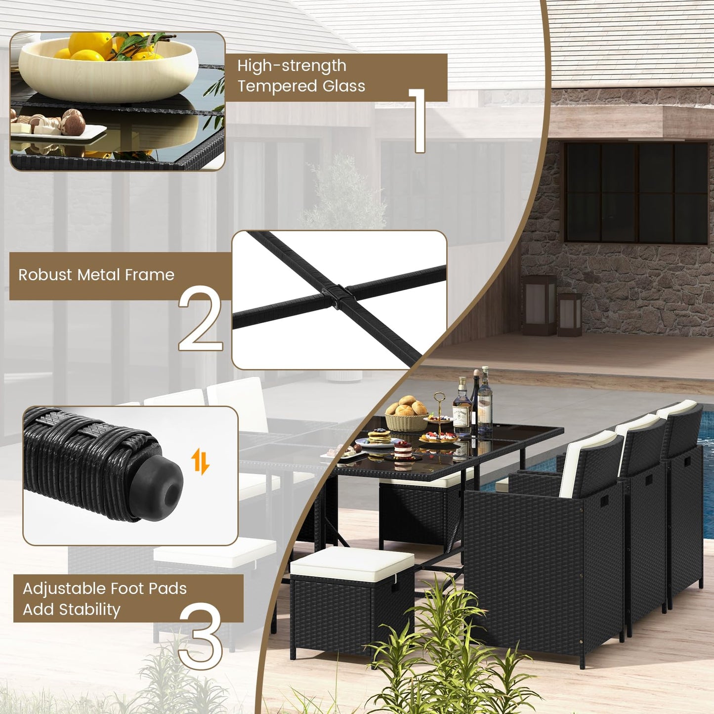 11 Pieces Patio Dining Set with Ottomans for Garden Yard Poolside