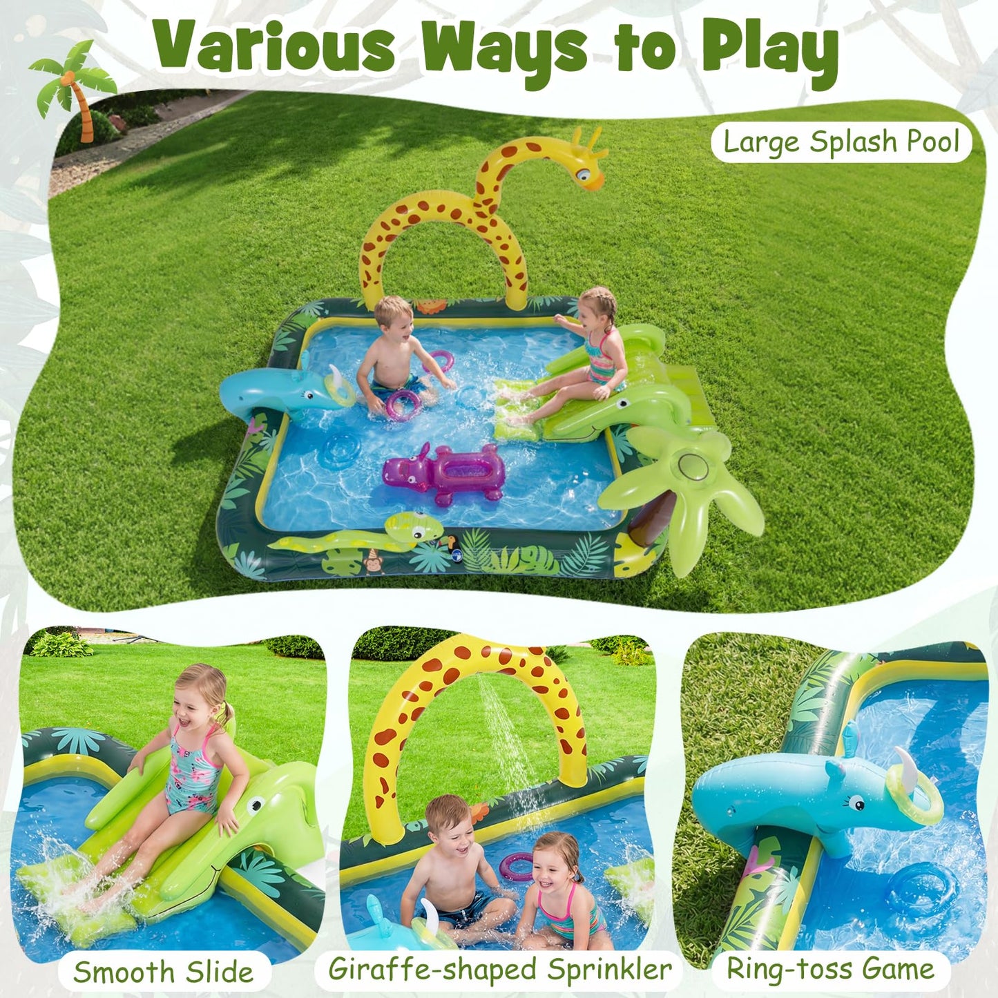 Inflatable Play Center, Jungle Animal Spray Paddling Pool with Slide & Sprinkle