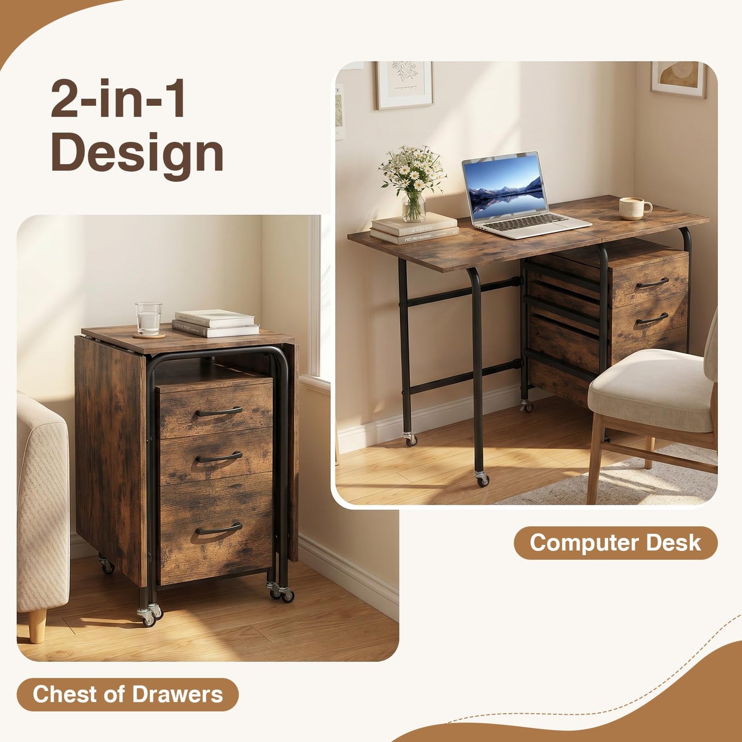 2-In-1 Folding Desk with 3 Drawers