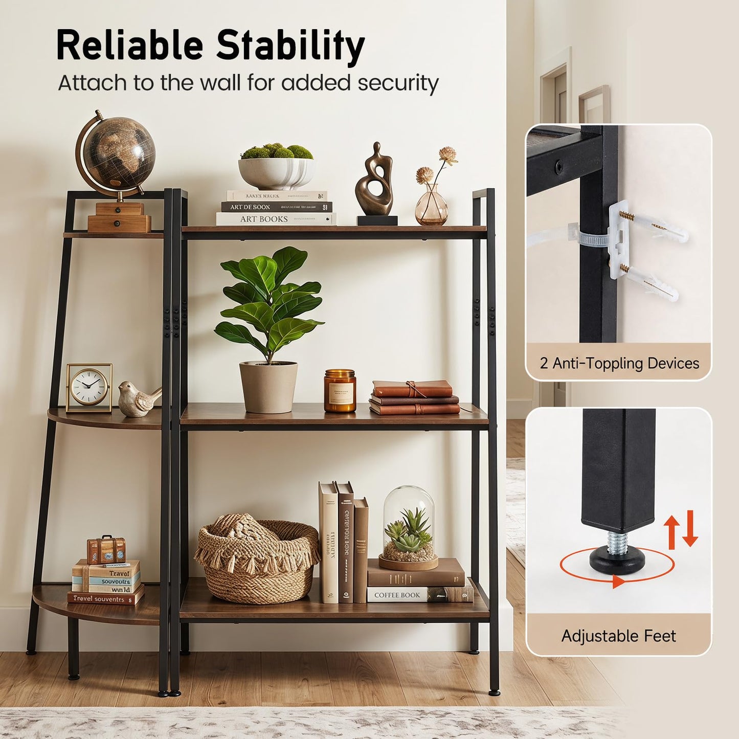 3-Tier Ladder Shelf & Corner Stand, Rustic Brown