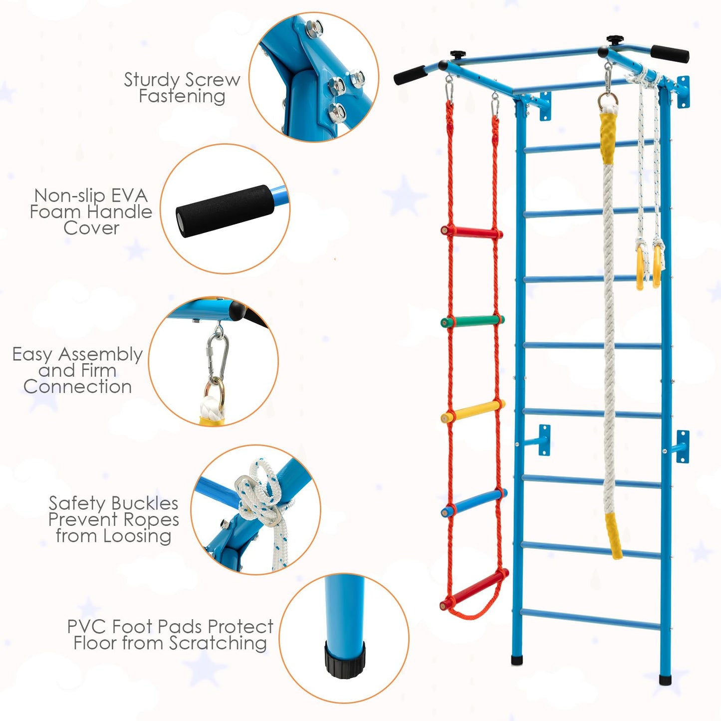 Swedish Ladder Set with Climbing Frame Pull-up Bar Ropes and Rings