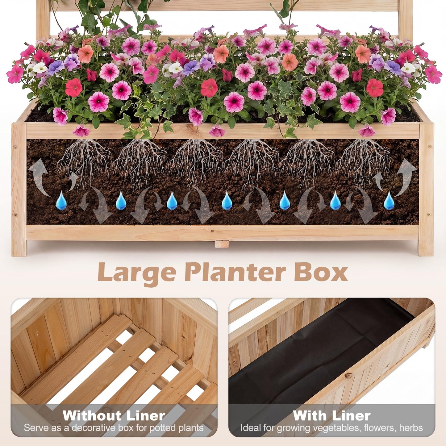 Wooden Planter with Trellis, Raised Garden Bed with Liner, Drainage Design