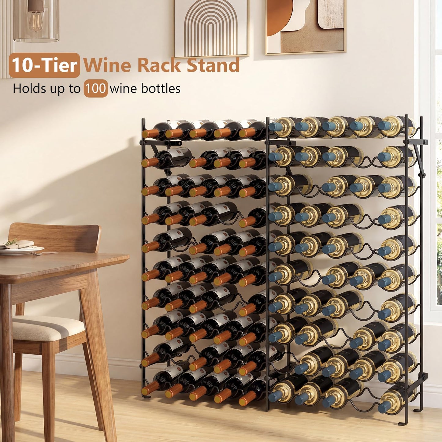 100 Bottles Wine Rack, 10-Tier Wine Holder Stand with Wall-Anchored Design