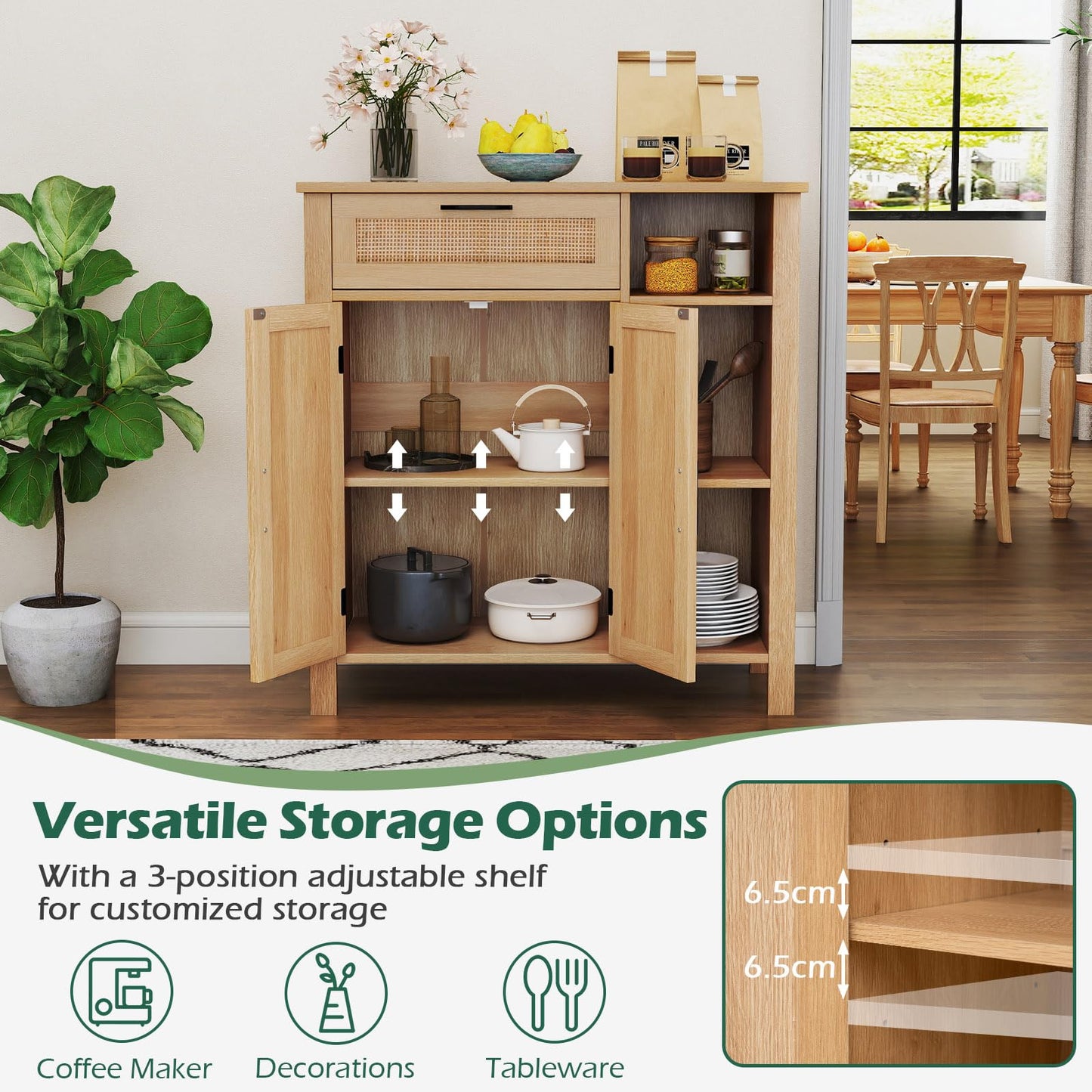 Buffet Sideboard with Rattan Woven Doors and Adjustable Shelf