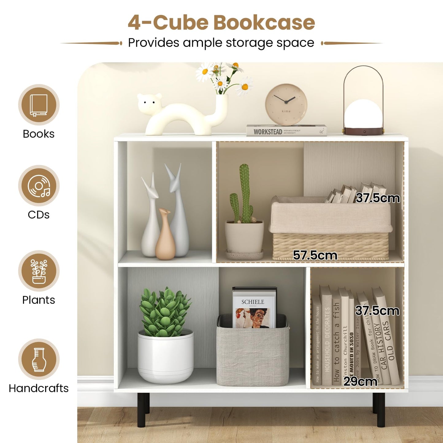 Mid Century Modern Minimalist Cube Bookshelf with 4 Compartments