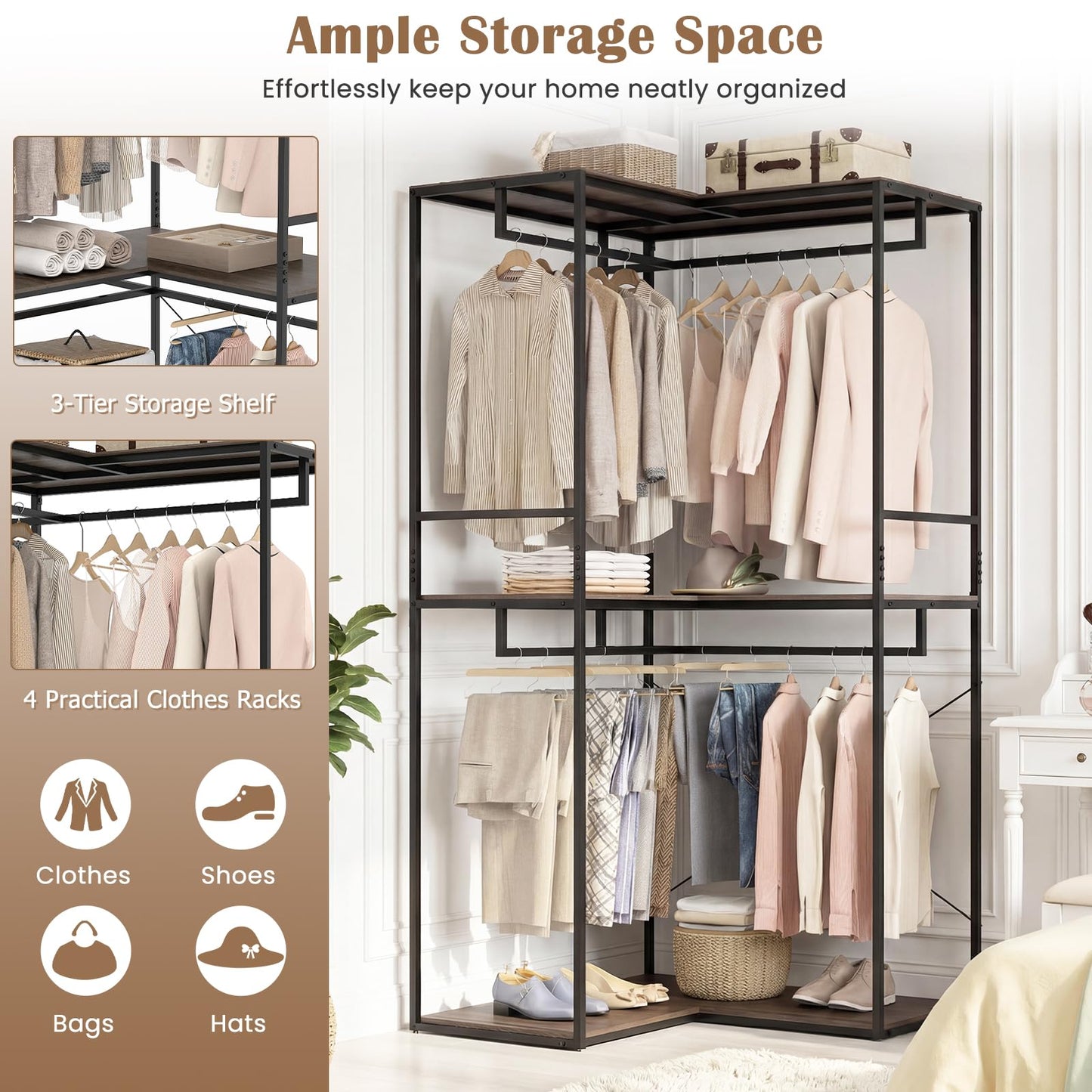 L-Shaped Metal Clothes Rail, 200cm Tall Corner Garment Clothes Rack