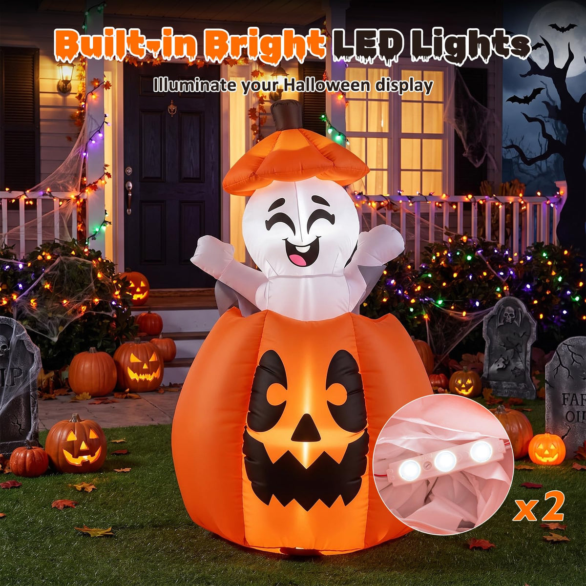 150 CM Animated Halloween Inflatable Pumpkin and Rising Ghost