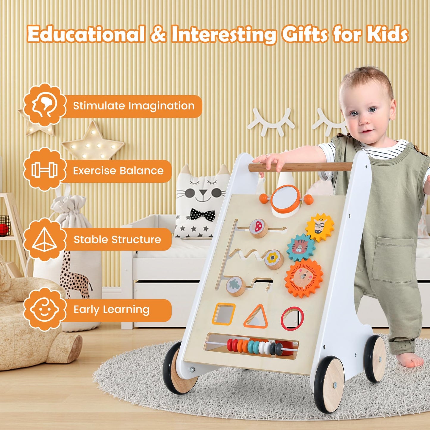 Toddler Push Walker with Handle & Rubber Wheels