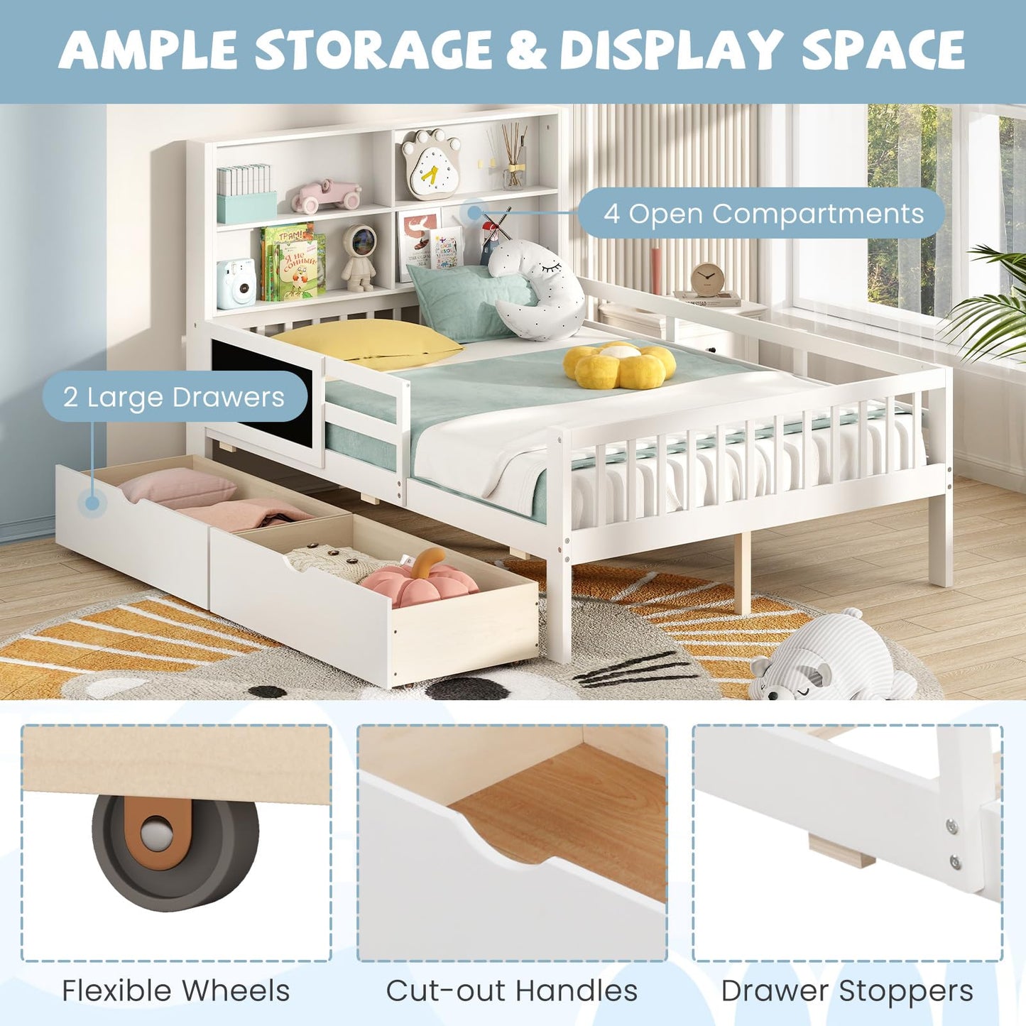 Single/Double Size Bed Frame with 2 Storage Drawers White