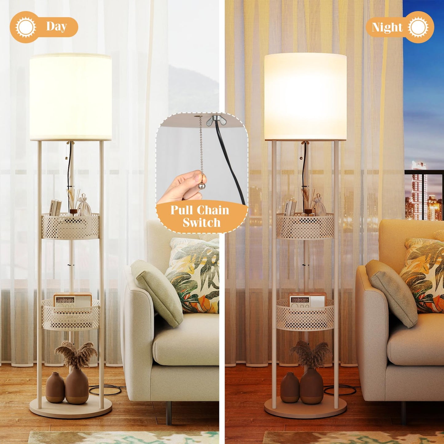 Floor Lamp with 3 Storage Shelves & Linen Fabric Shade