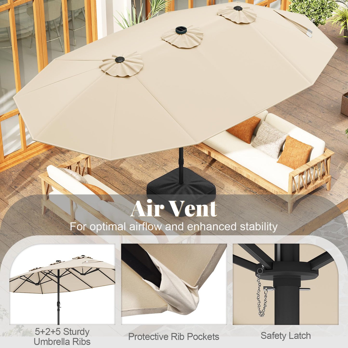 Double-Side Garden Parasol, Sun Shade Umbrella with Solar Powered LED Lights, Base & Crank System